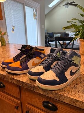 Two Pairs - Nike Air Jordan 1 Pair in Purple/Gold and Navy/Green